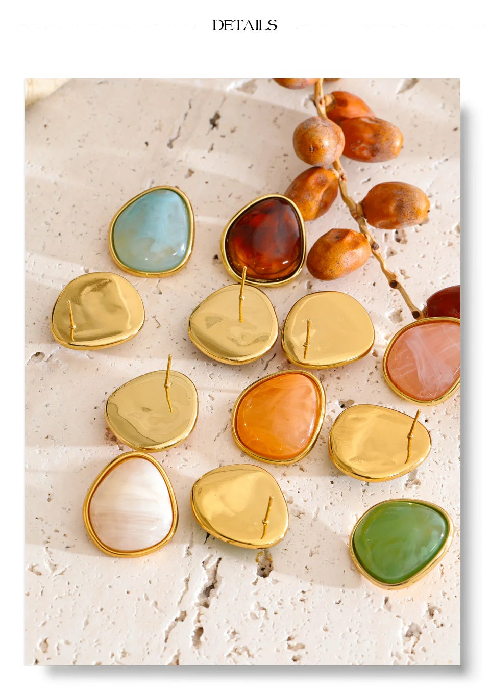 Resin acrylic multi-color earrings in gold-plated stainless steel with resin and acrylic.