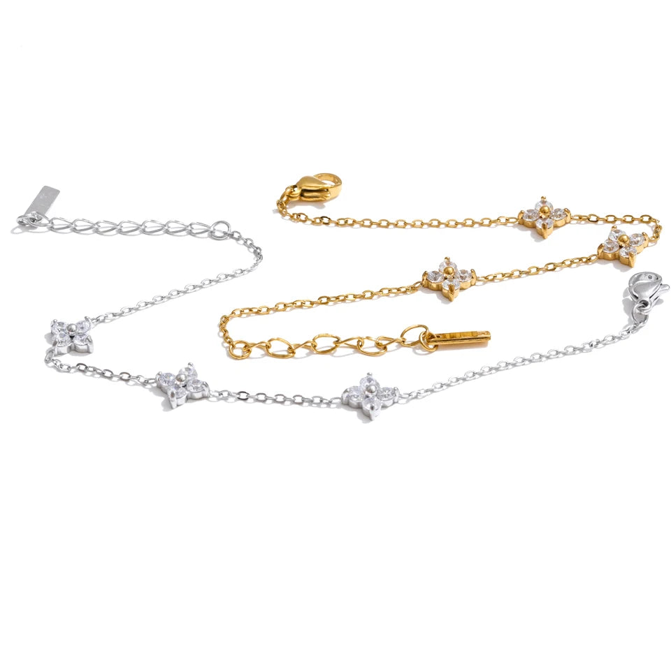 Cubic Zirconia Flower Chain Bracelet — Gold-Plated Stainless Steel with Cubic Zirconia · PS1539