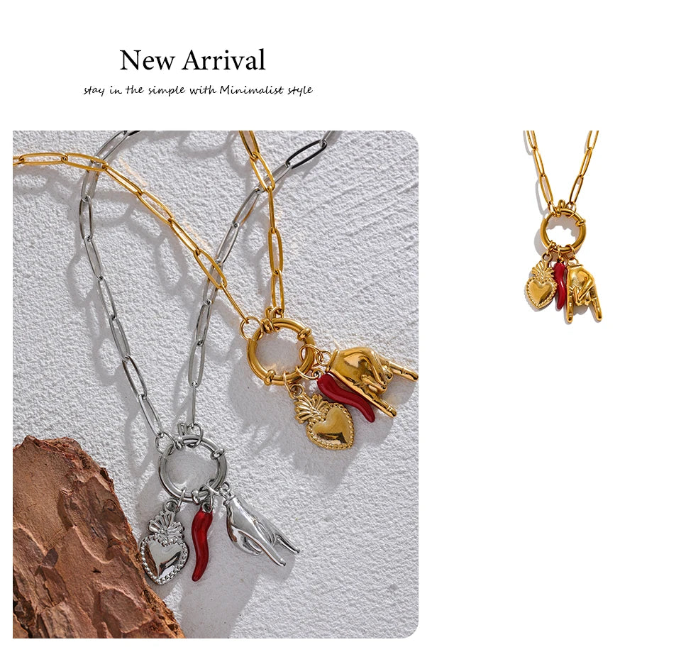 Red heart geometric necklace in gold-plated 316L stainless steel.