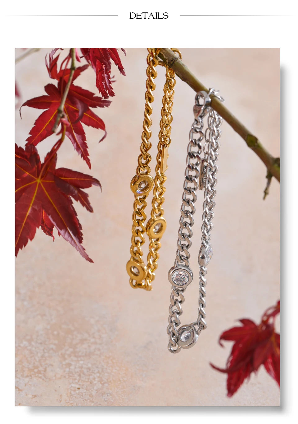 Cubic zirconia geometric chain necklace in gold-plated stainless steel with cubic zirconia.