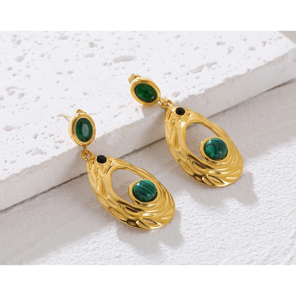 Drop Earrings Green Stone Zircon Irregular Dangle — 316L Stainless Steel · PS424