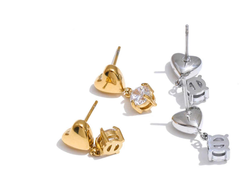 Cubic Zirconia Heart Earrings — Gold-Plated Stainless Steel with Cubic Zirconia · PS1244