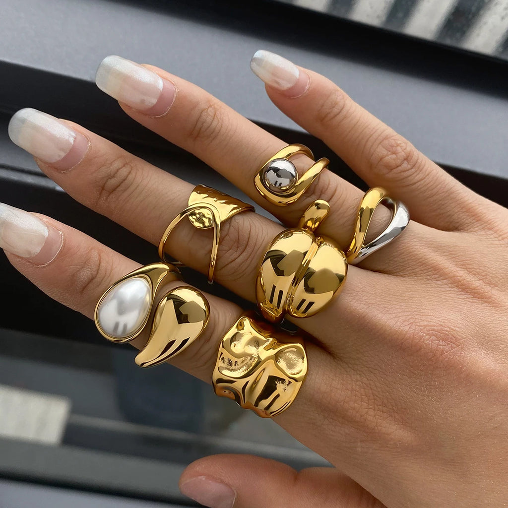 Two-Tone Pearl Waterdrop Ring — Stainless Steel · PS368