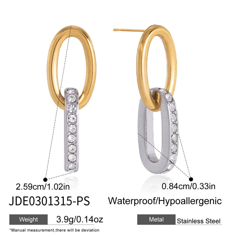 Two-Tone CZ Link Drop Earrings — Stainless Steel · PS126