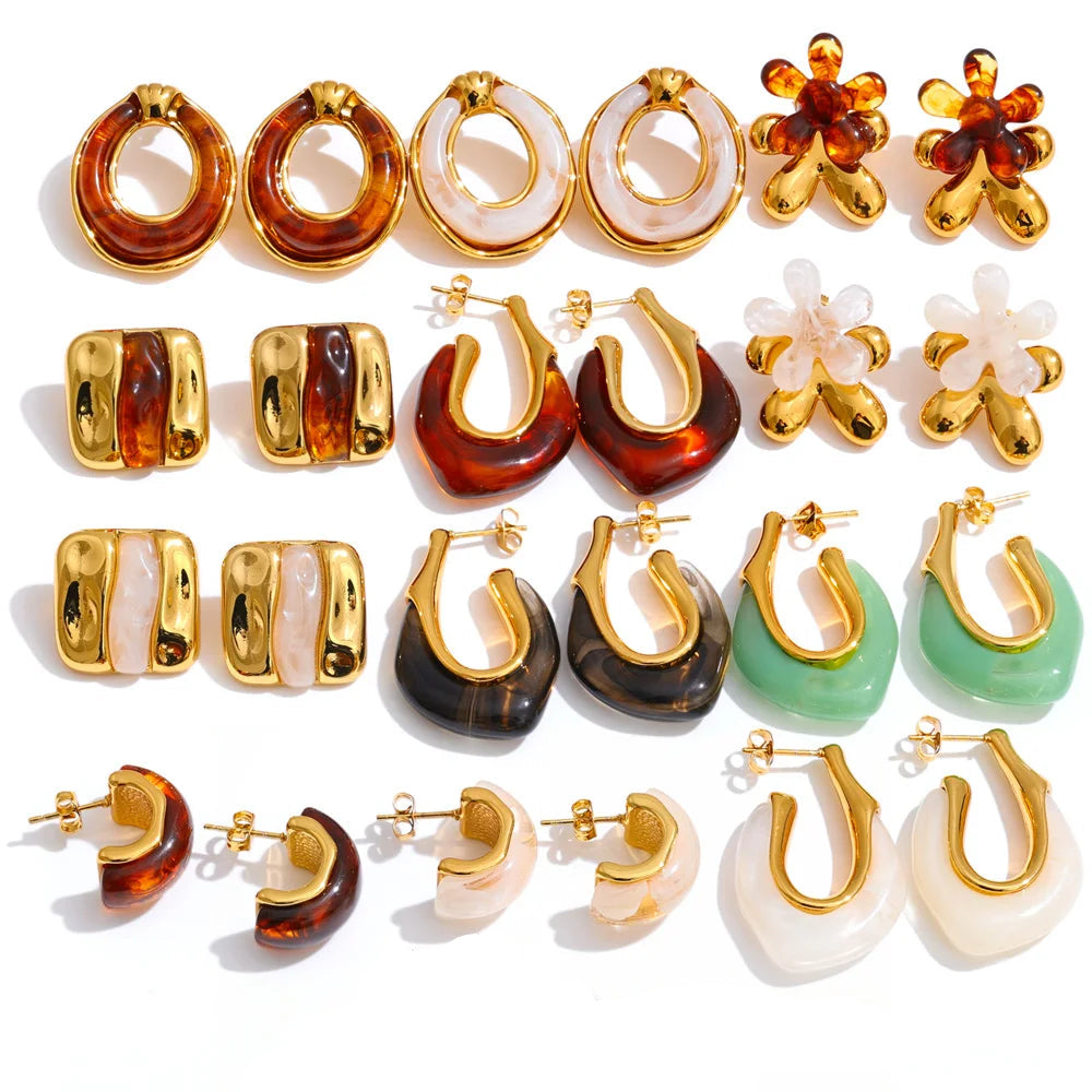 Gold-plated stainless steel earrings with resin, featuring a variety of colors and designs.
