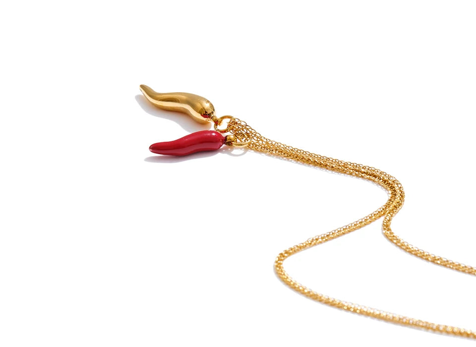 Red enamel geometric necklace in gold-plated stainless steel with enamel.