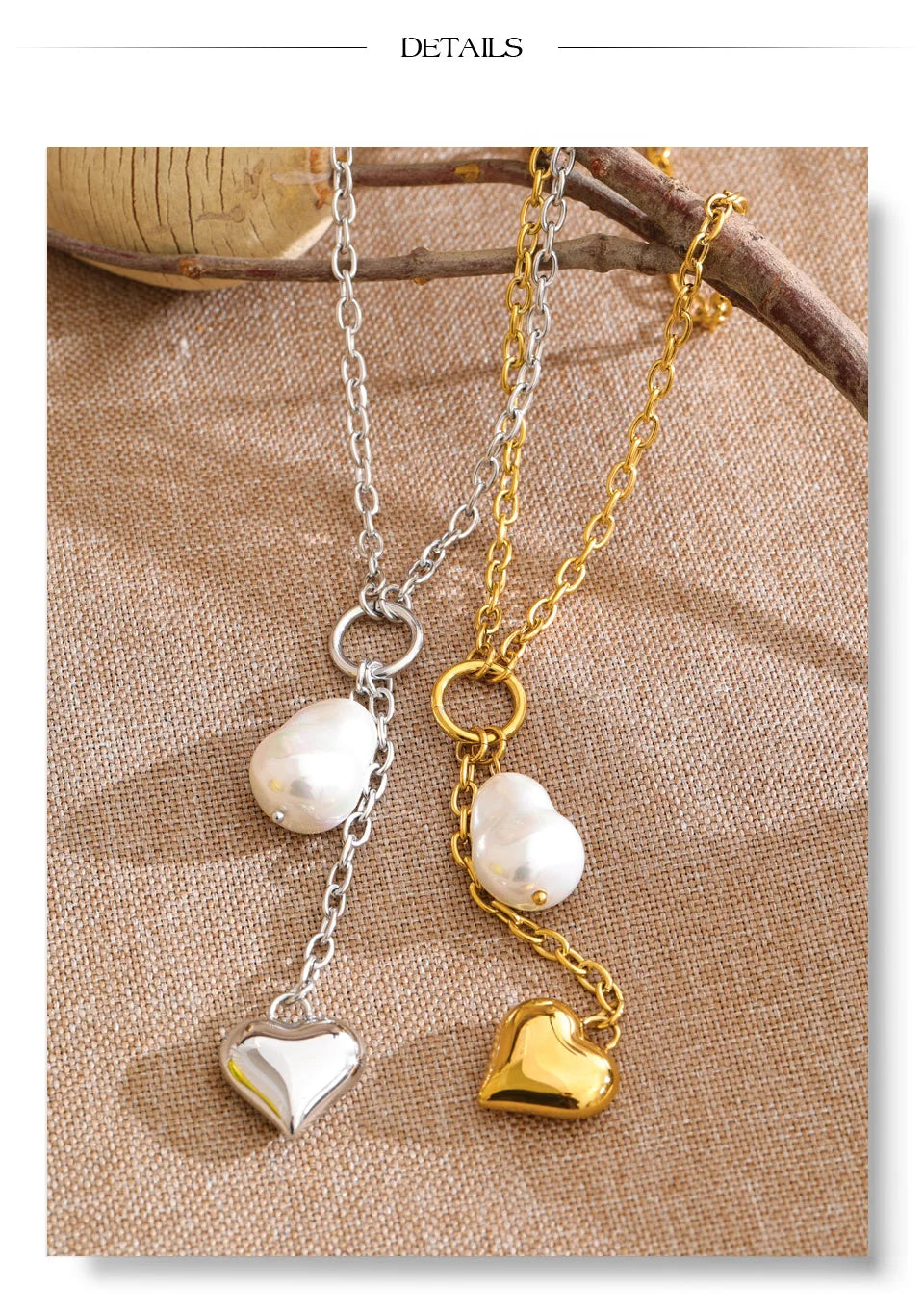Pearl heart geometric necklace in gold-plated stainless steel with pearl.