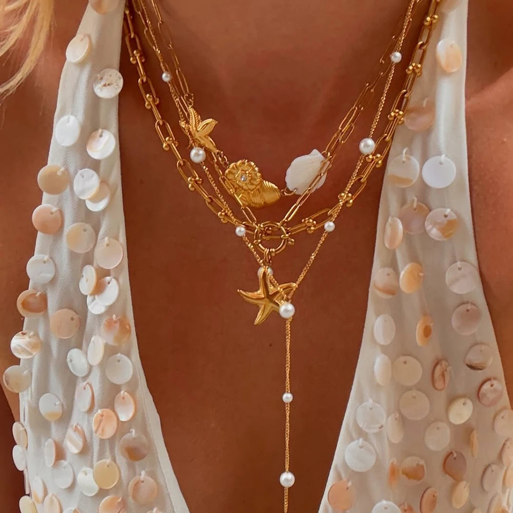 Shell Starfish Layered Necklace — Stainless Steel · PS161