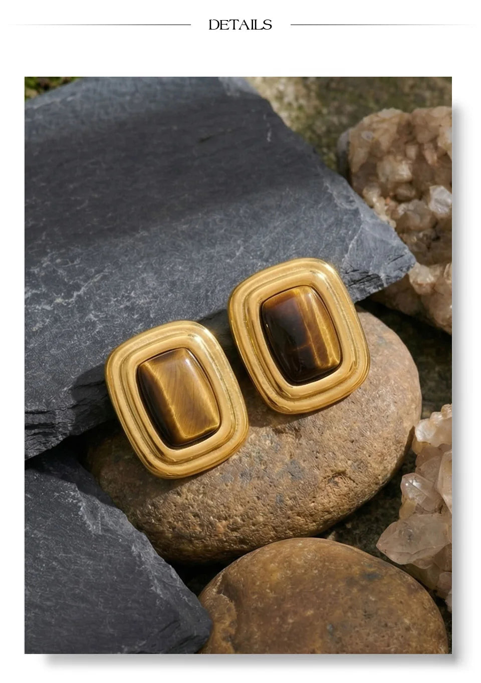 Natural stone geometric earrings in gold-plated stainless steel with natural stone.