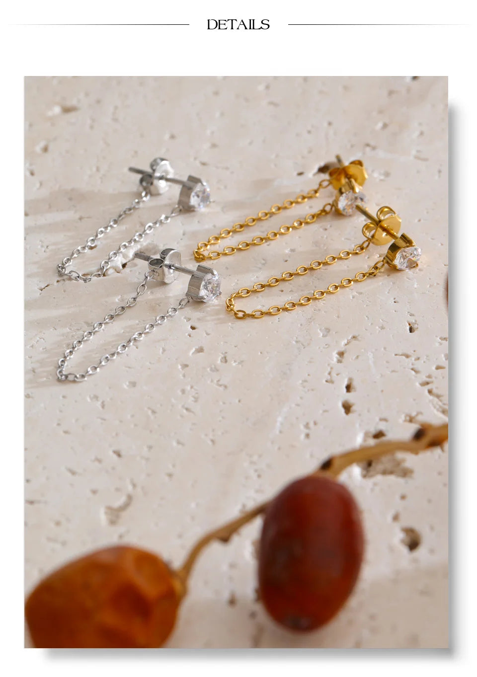 Cubic Zirconia Geometric Chain Earrings — Gold-Plated Stainless Steel with Cubic Zirconia · PS1323