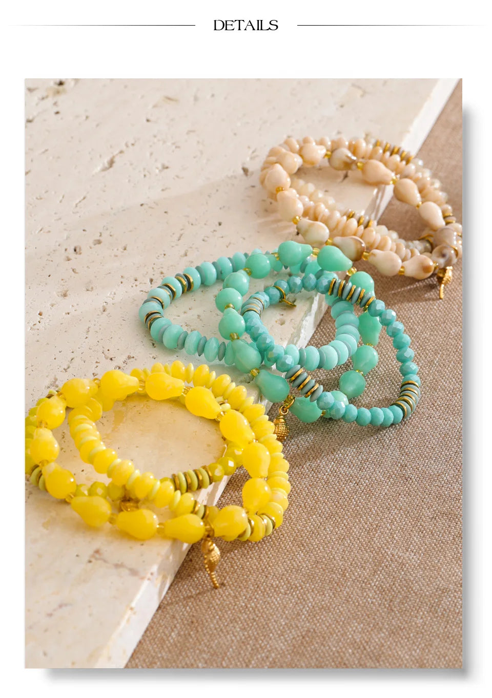 Resin acrylic beaded necklace in gold-plated stainless steel with resin and acrylic.