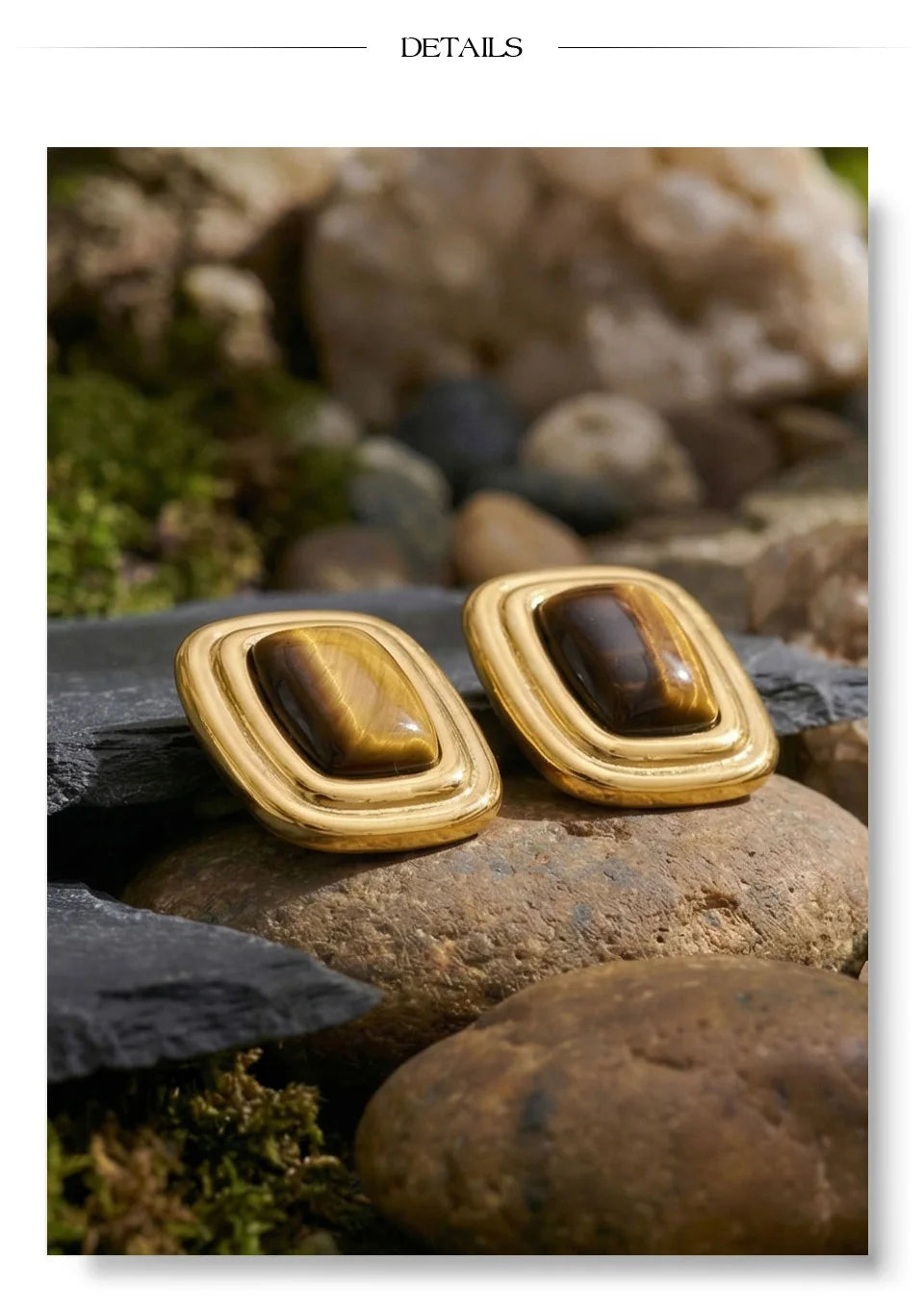 Natural stone geometric earrings in gold-plated stainless steel with natural stone.