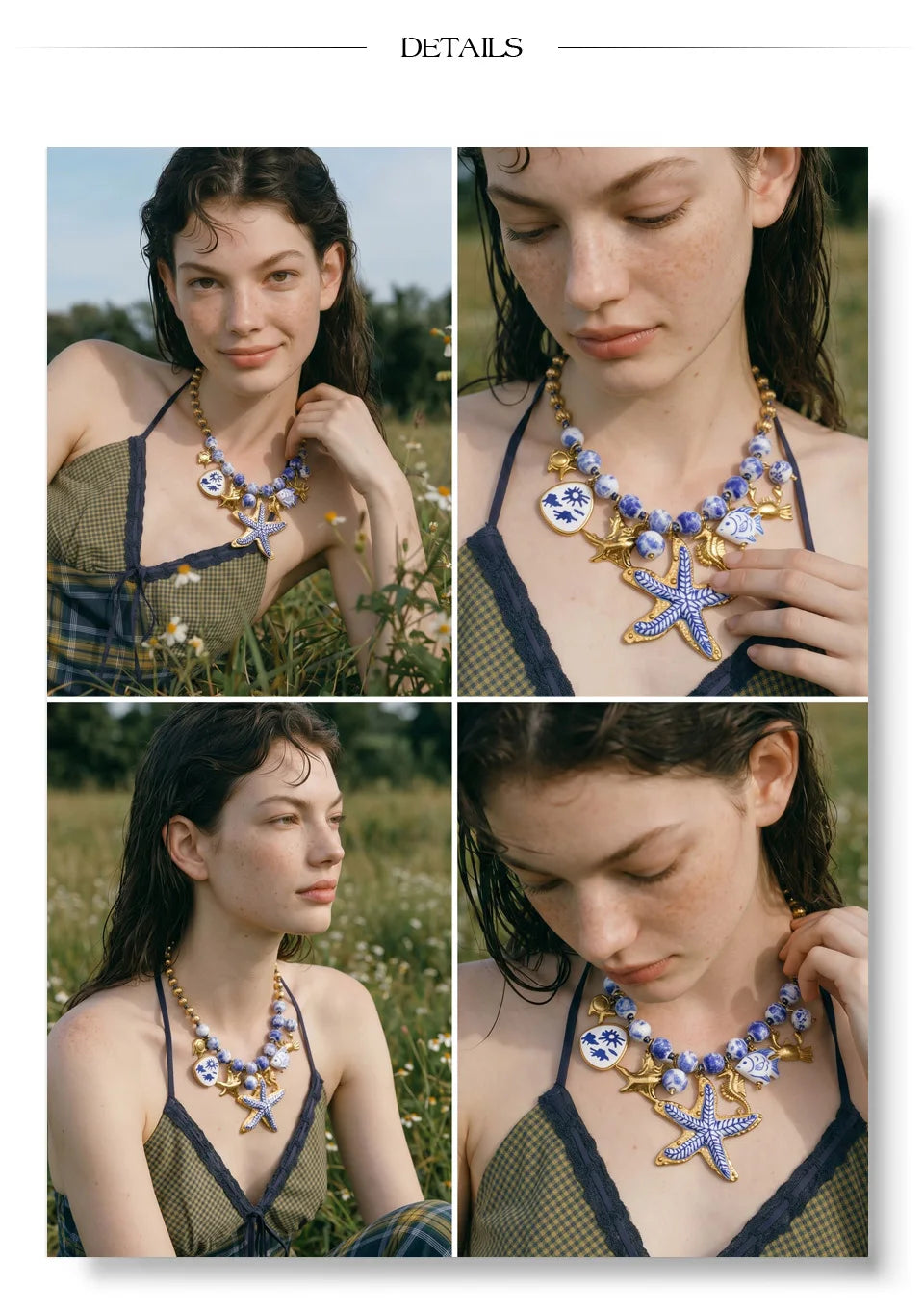 Star beaded geometric necklace in gold-plated stainless steel.