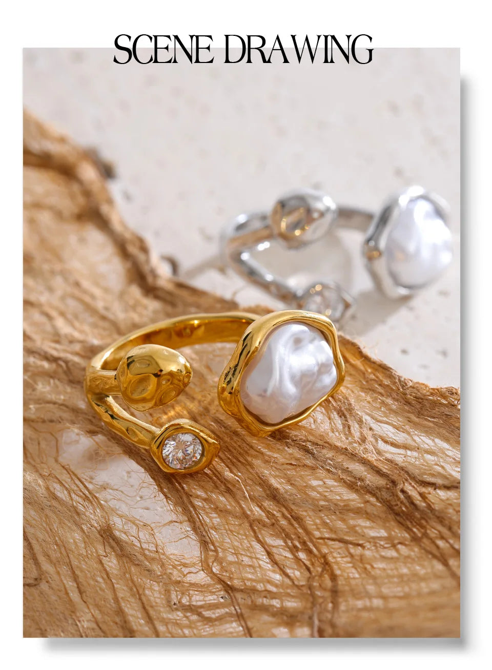 Cubic zirconia pearl geometric ring in gold-plated stainless steel with pearl and cubic zirconia.