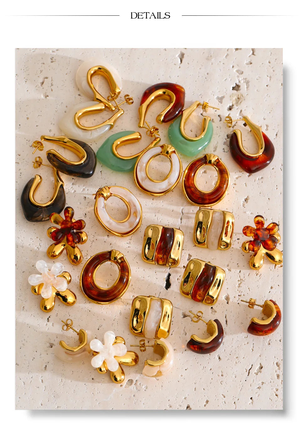 Resin multi-color geometric earrings in gold-plated stainless steel with resin.
