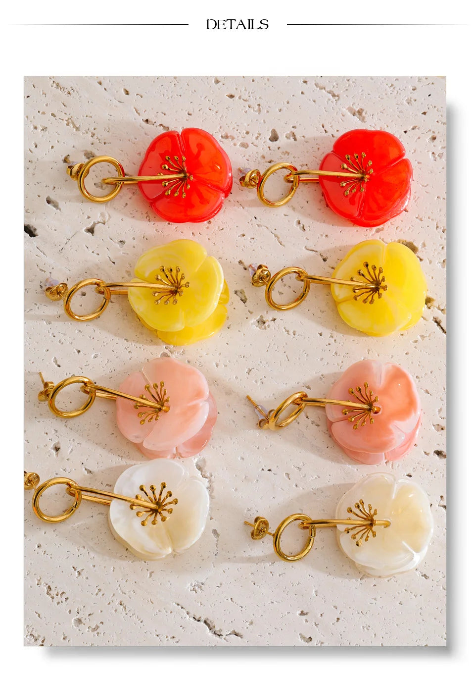 Resin acrylic flower earrings in gold-plated stainless steel with resin and acrylic.