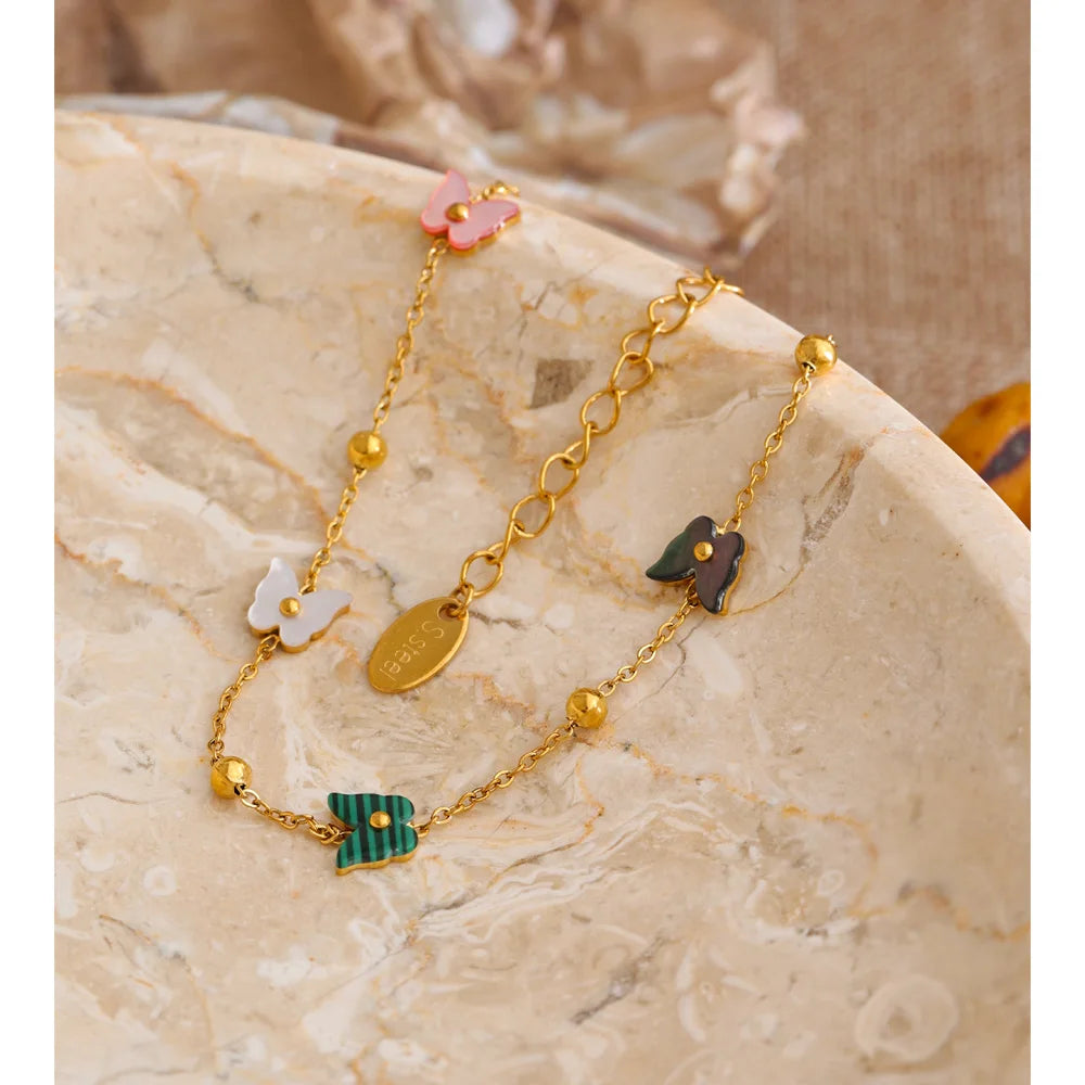 Shell Natural Stone Butterfly Bracelet — Gold-Plated Stainless Steel with Natural Stone and Shell · PS1015