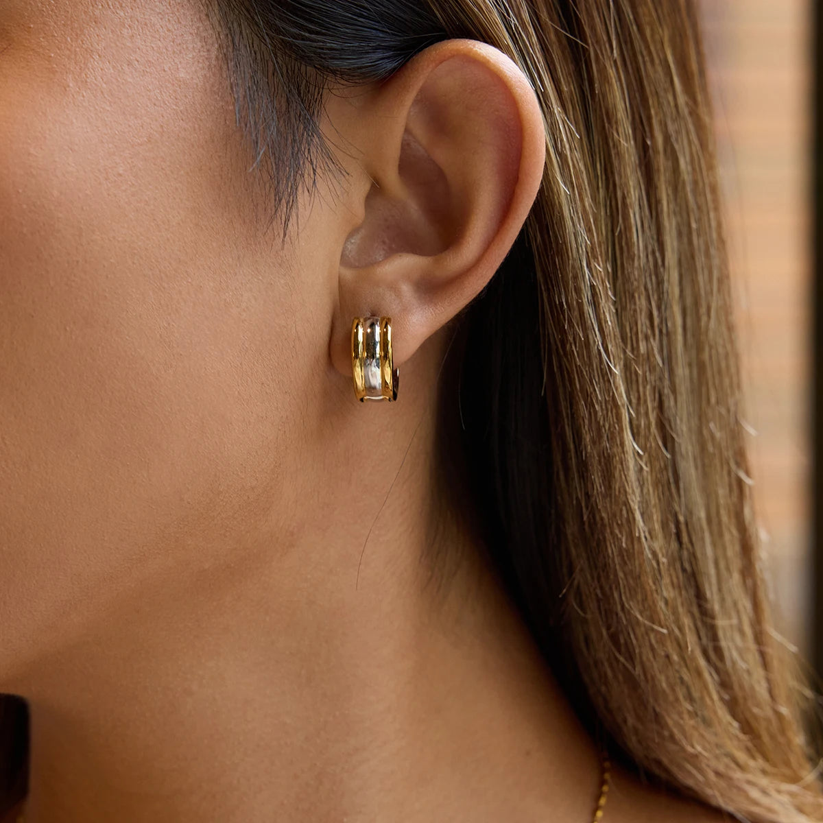 Two-Tone Crystal Hoop Earrings — Stainless Steel · PS118