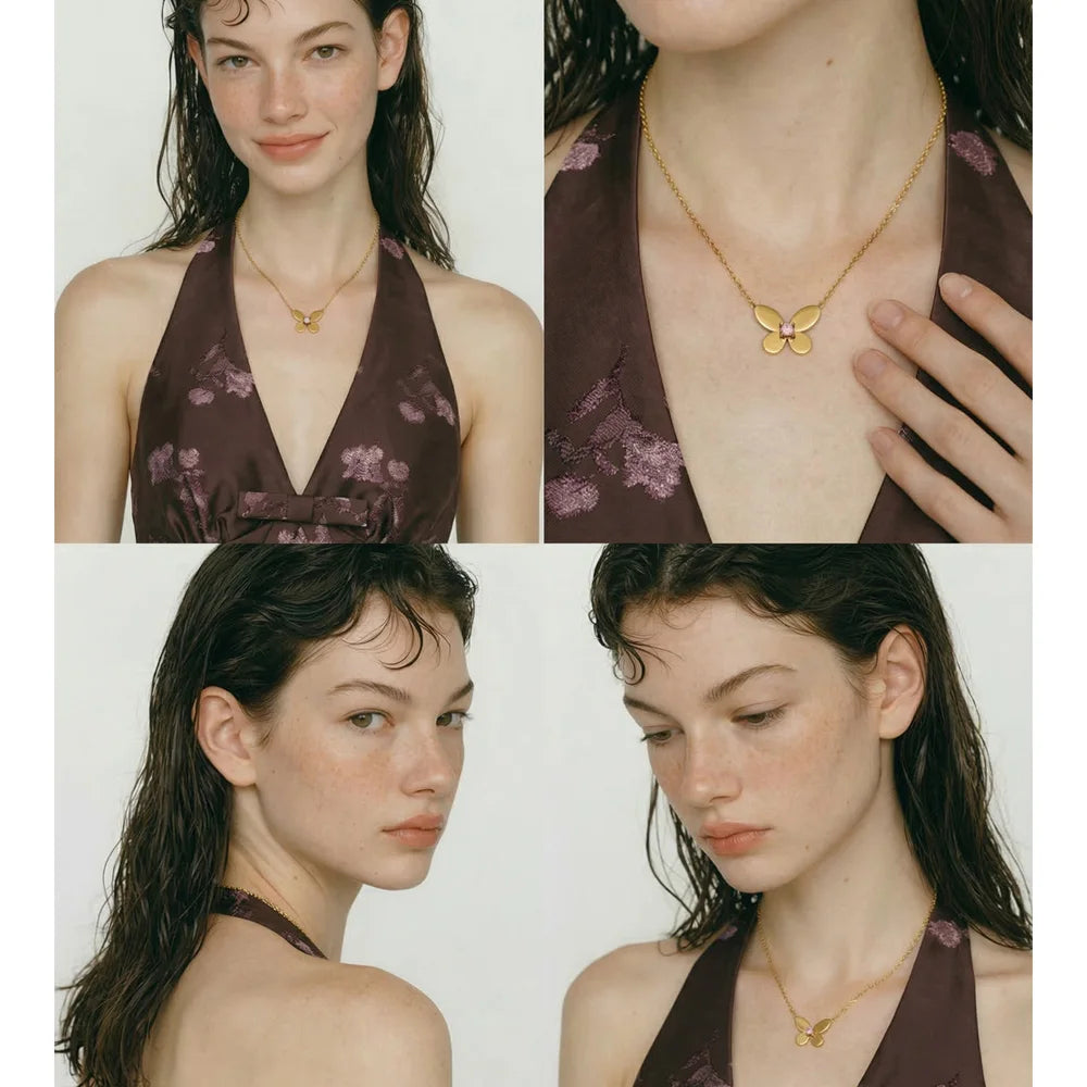 Cubic zirconia butterfly necklace in gold-plated stainless steel with cubic zirconia.