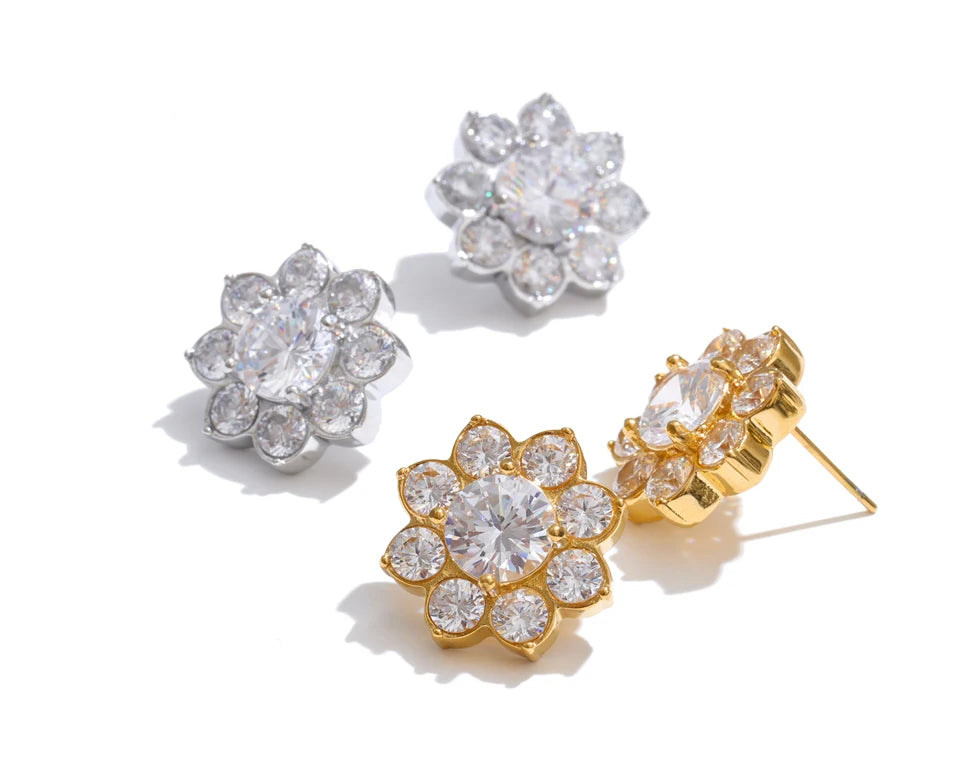 Cubic Zirconia Flower Earrings — Gold-Plated Stainless Steel with Cubic Zirconia · PS1570
