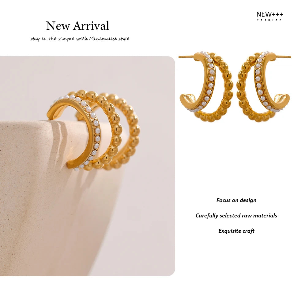 Pearl vintage geometric earrings in 18K gold-plated stainless steel with pearl.