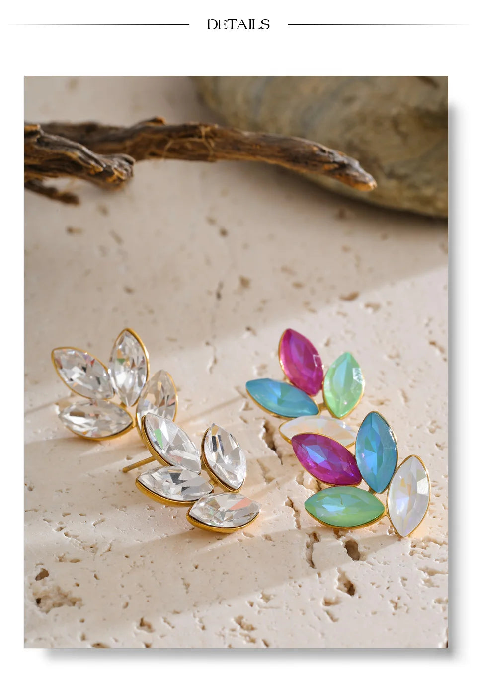 White crystal flower earrings in gold-plated stainless steel with crystal.