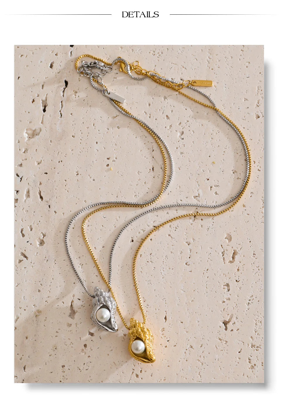 Pearl shell geometric necklace in gold-plated stainless steel with pearl and shell.