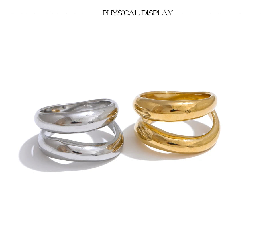Geometric layered ring in gold-plated stainless steel.