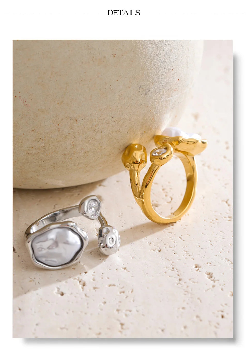 Cubic zirconia pearl geometric ring in gold-plated stainless steel with pearl and cubic zirconia.
