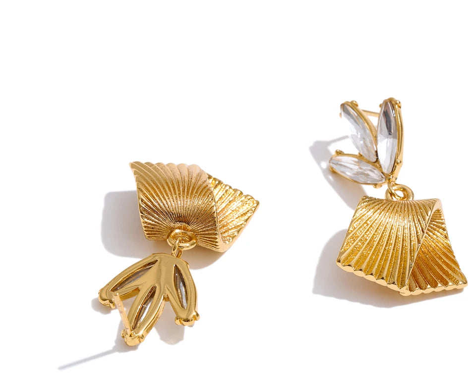 Cubic Zirconia Flower Geometric Earrings — Gold-Plated Stainless Steel with Cubic Zirconia · PS1209