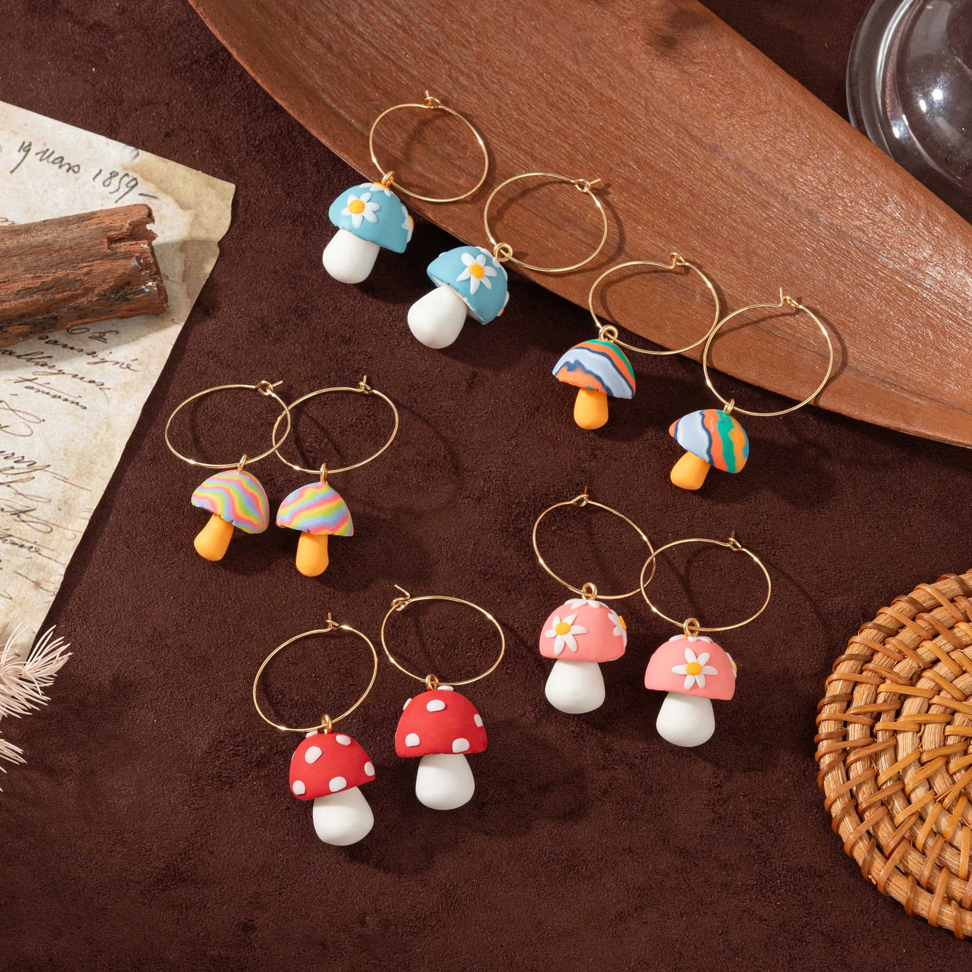 Niche Cute Retro Three Dimensional Drip Oil Copper Dopamine Mushroom Earrings Gold Plated Color Preserving