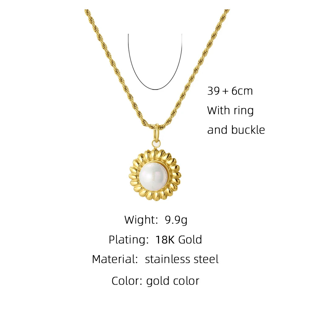 Rope Chain Pearl Round Metal Pendant Necklace — 316L Stainless Steel · PS389