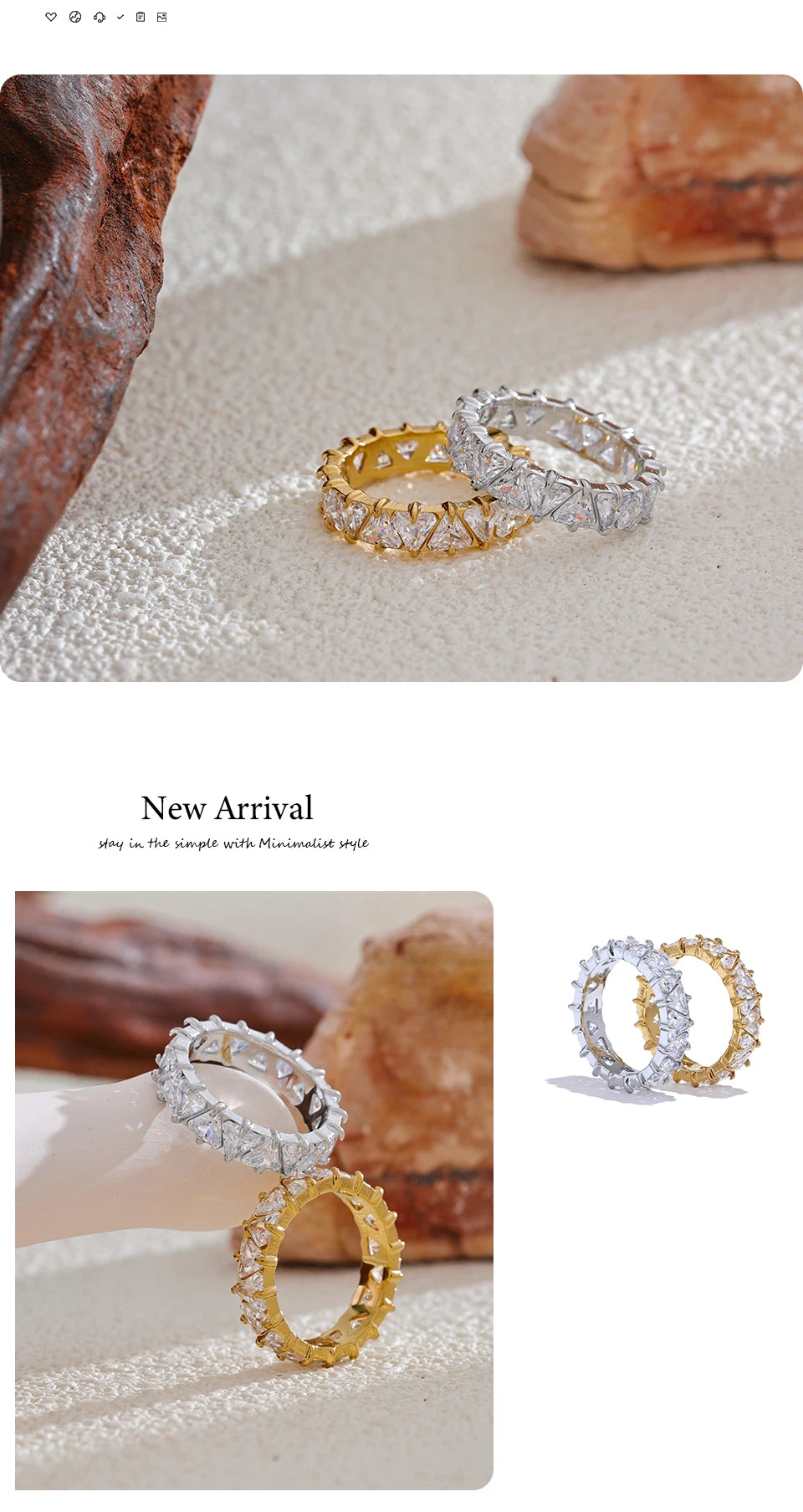 Cubic zirconia heart geometric ring in gold-plated stainless steel with cubic zirconia.