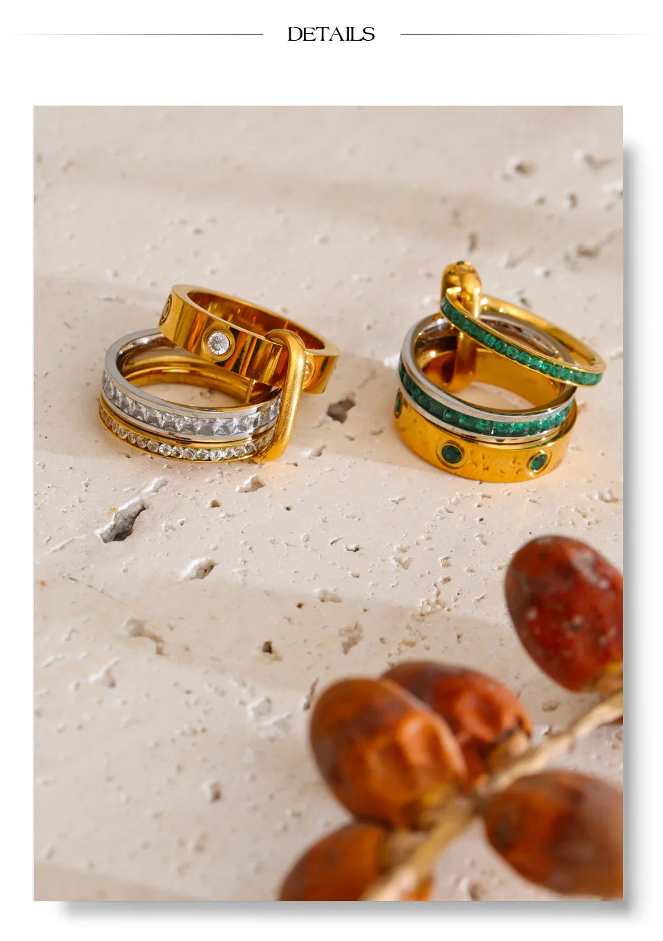 White cubic zirconia geometric ring in 18K gold-plated stainless steel with cubic zirconia.