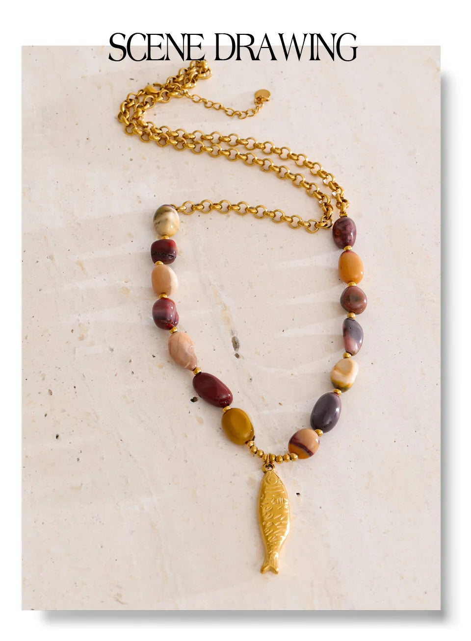 Natural stone beaded geometric necklace in gold-plated stainless steel with natural stone.