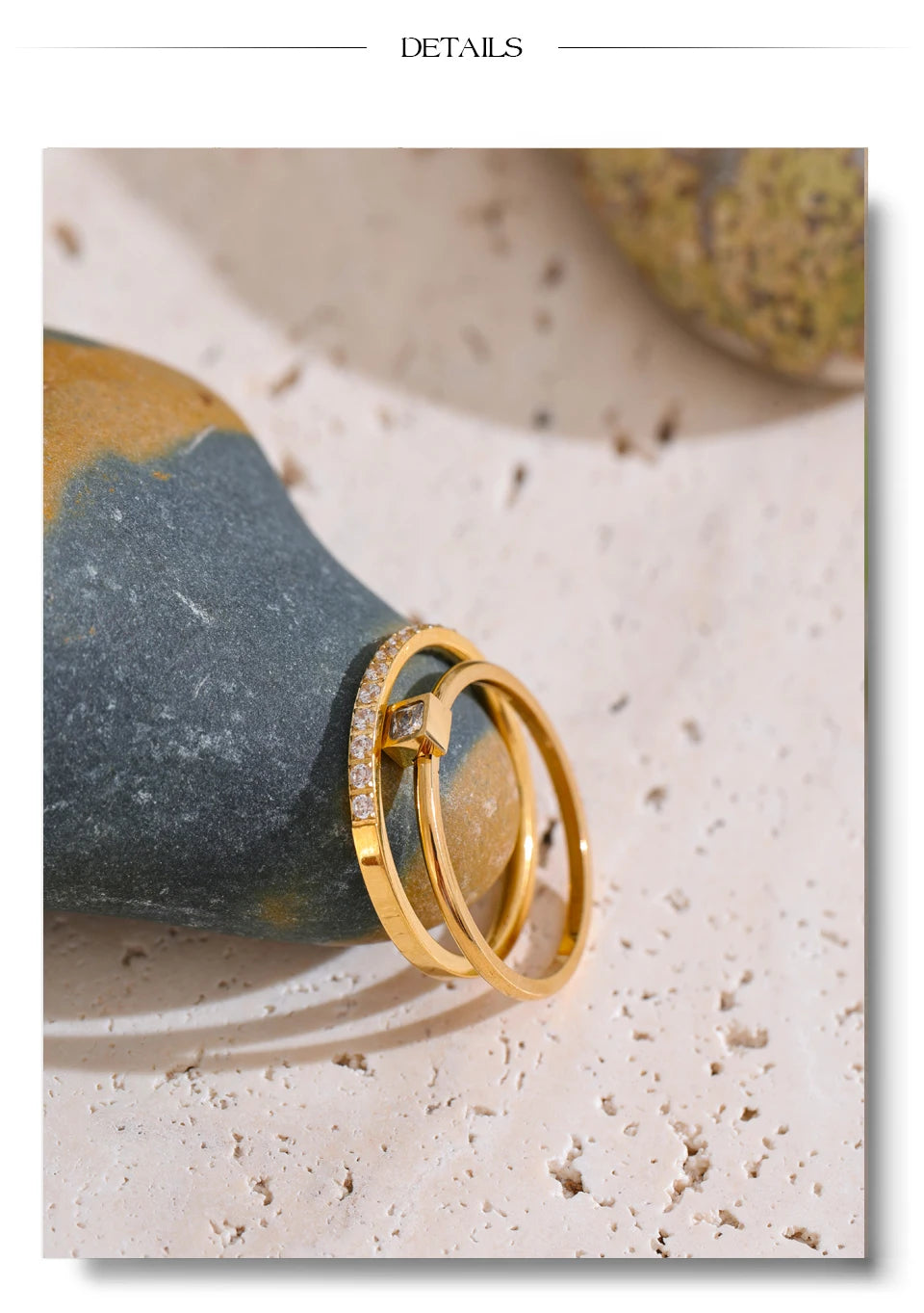 Cubic zirconia geometric ring in 18K gold-plated stainless steel with cubic zirconia.