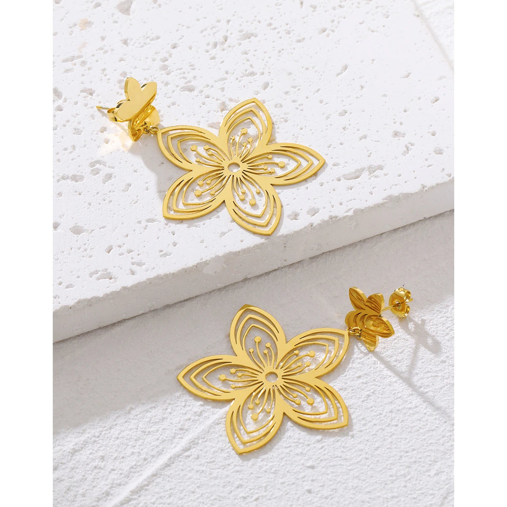 Drop Earrings Vintage Flower Hollow Dangle — 316L Stainless Steel · PS386