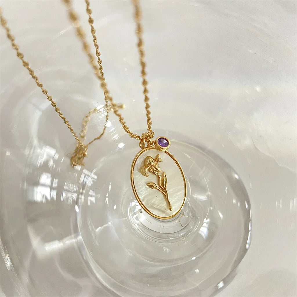 Birth Flower Shell Pendant Necklace — Stainless Steel · PS133