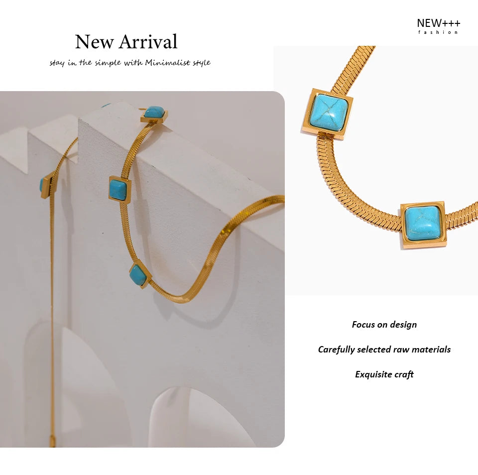 Blue natural stone snake necklace in gold-plated stainless steel with natural stone.