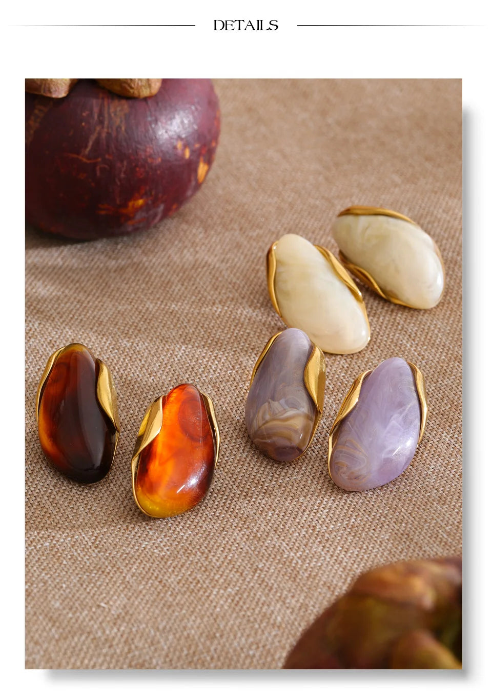 Resin acrylic multi-color earrings in gold-plated stainless steel with resin and acrylic.