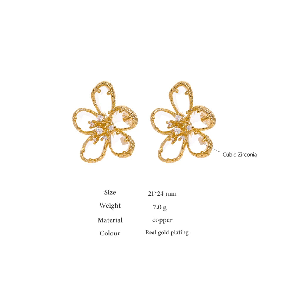 Cubic Zirconia Flower Geometric Earrings — 14K Gold-Plated Copper with Cubic Zirconia · PC21