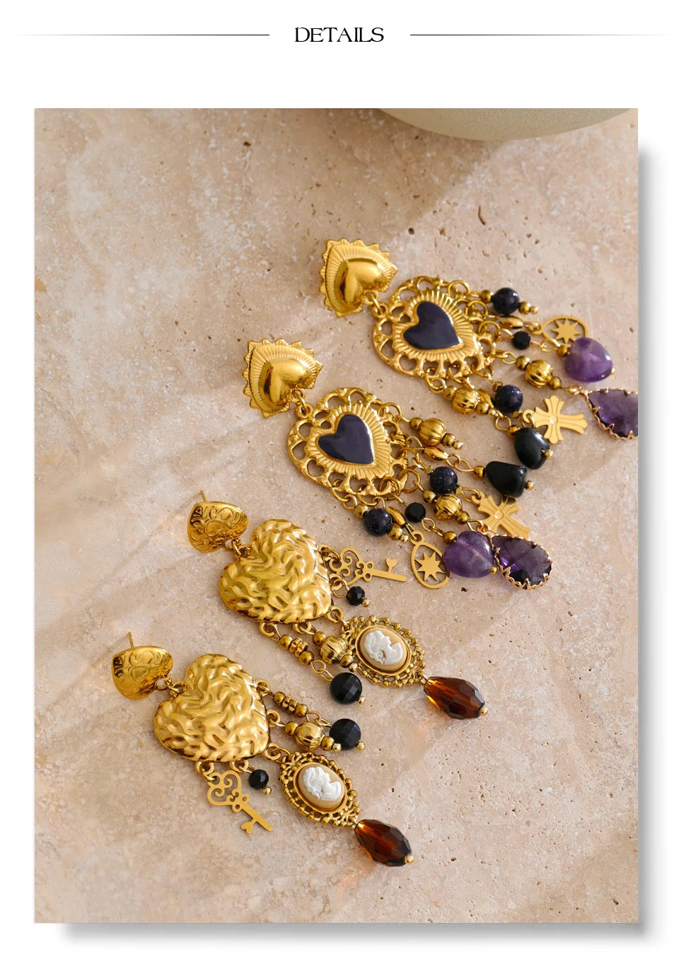Resin Heart Cross Earrings — Gold-Plated Stainless Steel with Resin