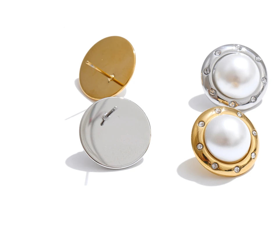 Cubic Zirconia Pearl Geometric Earrings — Gold-Plated Stainless Steel with Pearl and Cubic Zirconia · PS1536