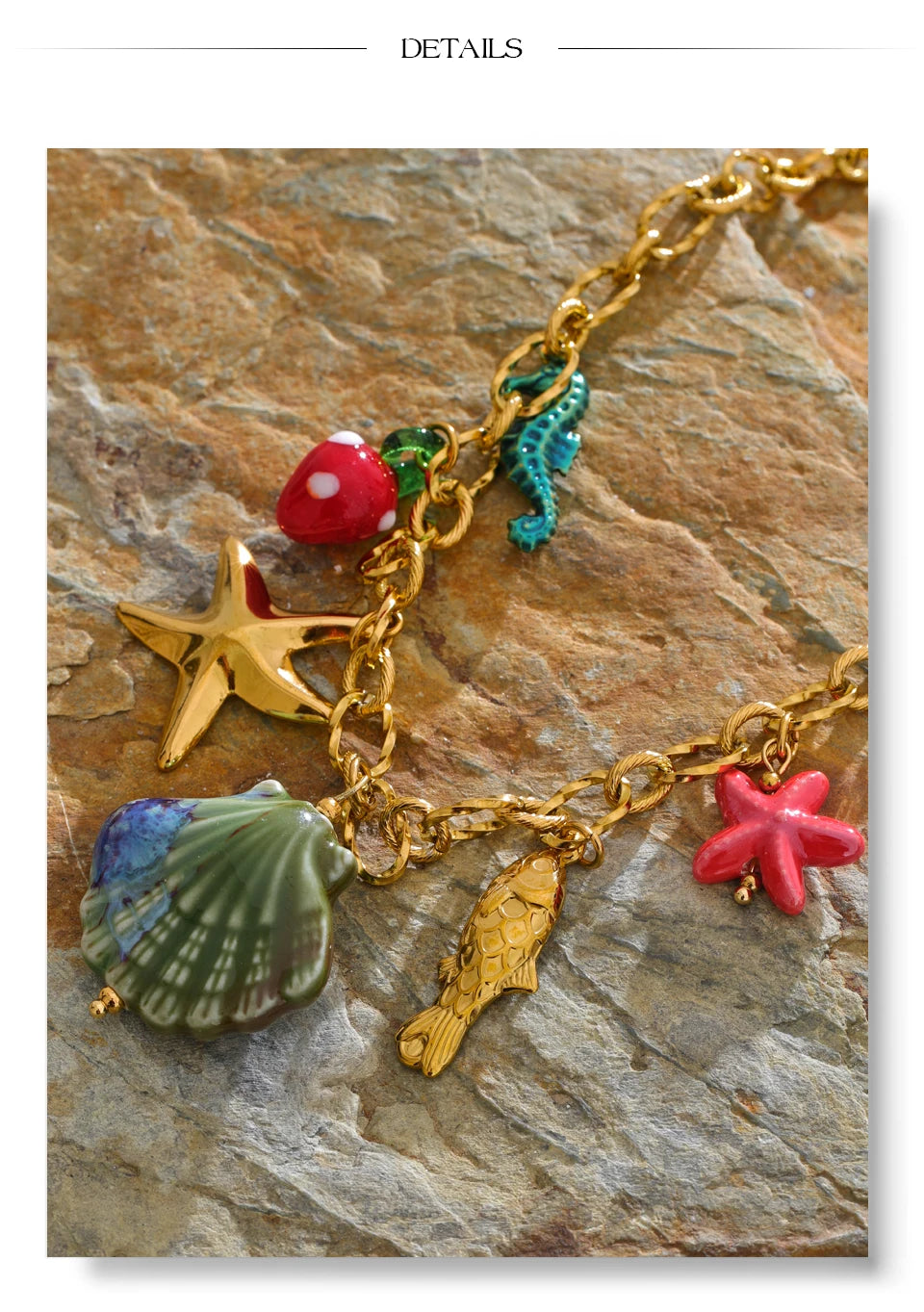 Shell enamel star necklace in gold-plated stainless steel with shell and enamel.