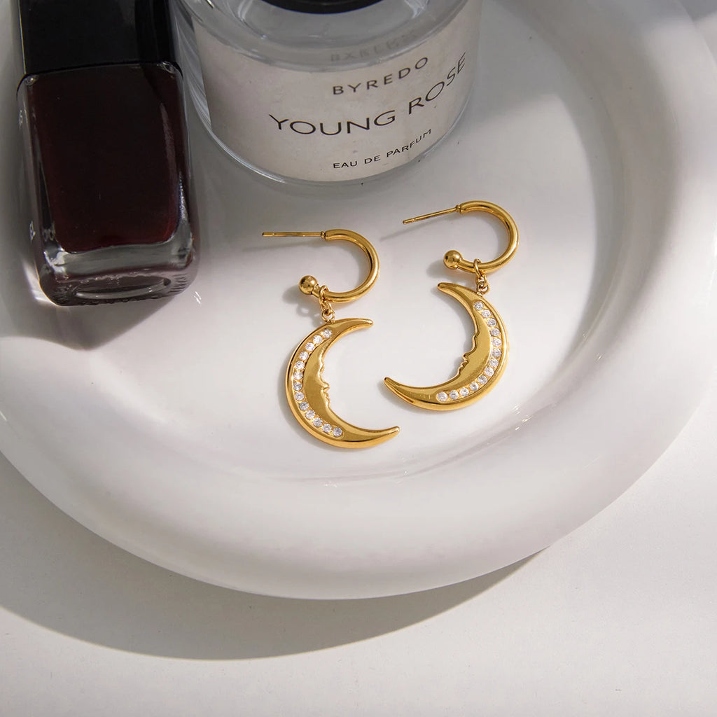 Crescent Moon Drop Earrings — Stainless Steel · PS074