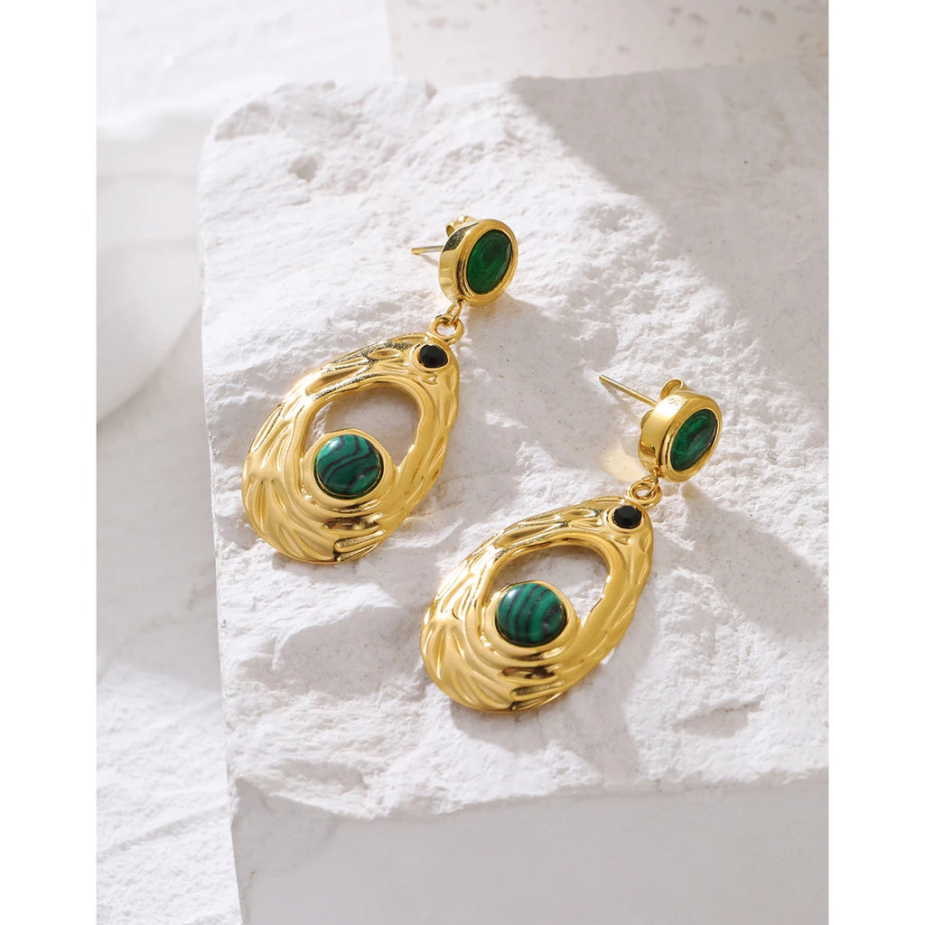 Drop Earrings Green Stone Zircon Irregular Dangle — 316L Stainless Steel · PS424
