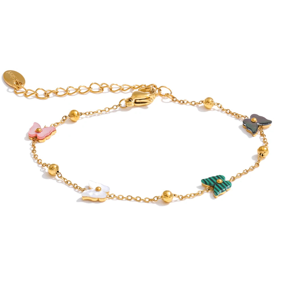Shell Natural Stone Butterfly Bracelet — Gold-Plated Stainless Steel with Natural Stone and Shell · PS1015