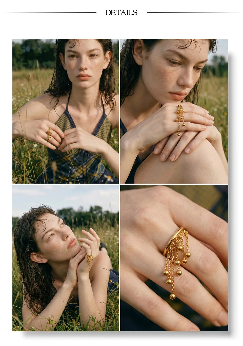 Beaded geometric chain ring in 18K gold-plated stainless steel.