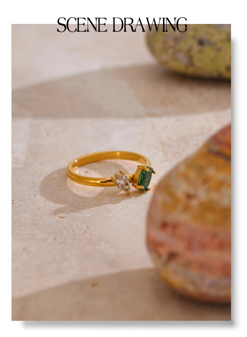 Cubic zirconia geometric ring in 18K gold-plated stainless steel with cubic zirconia.