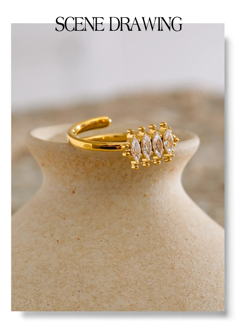 Cubic zirconia geometric ring in 18K gold-plated stainless steel with cubic zirconia.